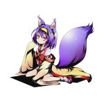  1girl animal_ears bow bowtie collarbone divine_gate fox_ears fox_tail full_body hatsuse_izuna japanese_clothes looking_at_viewer no_game_no_life official_art purple_hair red_bow red_eyes short_hair sitting solo tail transparent_background ucmm yellow_hairband 