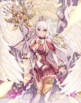  1girl angel arm_at_side arm_warmers braid breasts brown_eyes castle cleavage clouds dress feathers h2o_(dfo) halo large_breasts legband long_hair looking_at_viewer original smile solo staff standing statue thigh-highs tiara white_feathers white_hair white_legwear white_sky white_wings wings 