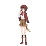  1girl accel_world adjusting_glasses black_legwear boots brown_boots brown_eyes brown_hair brown_hat brown_shorts capelet character_request dress_shirt eyebrows_visible_through_hair full_body glasses hat kneehighs looking_at_viewer necktie official_art red_glasses red_necktie ribbon shirt short_hair short_necktie shorts simple_background solo standing suspender_shorts suspenders white_background white_shirt yellow_ribbon 