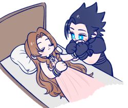  105zz 1boy 1girl aerith_gainsborough armor bangle bare_shoulders belt black_gloves black_hair black_pants blue_eyes bracelet brown_hair chibi chibi_only choker cross_scar dress final_fantasy final_fantasy_vii final_fantasy_vii_rebirth final_fantasy_vii_remake flower_choker gloves hair_slicked_back hand_on_own_stomach holding_hands jewelry long_dress long_hair looking_at_another on_bed pants parted_bangs parted_lips pauldrons pillow pink_dress scar scar_on_cheek scar_on_face shoulder_armor sidelocks unconscious white_background zack_fair 