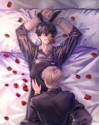 2boys animal_ears apron black_apron black_hair earrings flower jewelry lee_yeowoon_(mgnd) my_guildmate_next_door n.e.k.o non-web_source petals rabbit_ears red_flower red_rose rose rose_petals smirk yaoi