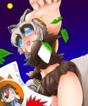  :p animal_ears blue_eyes bottle card gradient_hair greater_honeyguide_(kemono_friends) grin hat inugami_gyoubu_(kemono_friends) kemono_friends leaf meme multicolored_hair navel raccoon_ears raccoon_tail sake_bottle salt_bae_(meme) skirt smile straw_hat tail teeth tongue tongue_out 