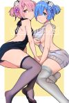  2girls alternate_hairstyle backless_outfit bangs bare_back bare_shoulders black_legwear black_sweater blue_eyes blue_hair blunt_bangs blush breasts closed_mouth drawstring dress frown grey_legwear grey_sweater hair_ornament hair_over_one_eye hair_ribbon halterneck hand_up highres looking_at_viewer looking_back maid_headdress medium_breasts meme_attire multiple_girls naked_sweater open-back_dress pink_eyes pink_hair purple_ribbon ram_(re:zero) re:zero_kara_hajimeru_isekai_seikatsu rem_(re:zero) ribbed_sweater ribbon short_hair short_twintails shoulder_blades siblings sideboob simple_background sisters sitting small_breasts sweater sweater_dress thigh-highs thighs turtleneck turtleneck_sweater twins twintails two-tone_background virgin_killer_sweater white_background x_hair_ornament xiamu_weiba yellow_background yokozuwari zettai_ryouiki 