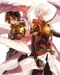  2boys armor back-to-back brown_hair fingerless_gloves gloves granblue_fantasy highres image_sample lucifer_(granblue_fantasy) male_focus multiple_boys multiple_wings red_eyes sandalphon_(granblue_fantasy) seraph short_hair twitter_sample white_hair wings 