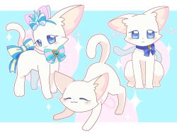  1girl :3 ^_^ animal_collar animal_ear_hairband animal_ears animal_focus aqua_bow aqua_bowtie blue_background blue_bow blue_crown blue_eyes blue_hairband blush border bow bowtie brooch cat cat_ear_hairband cat_ears closed_eyes closed_mouth collar commentary cosplay crown cure_nyammy cure_nyammy_(cosplay) dot_nose english_commentary fake_animal_ears full_body hairband heart heart_brooch heart_in_eye highres jewelry kuro_(user_uwrm3742) letterboxed looking_at_viewer mini_crown multicolored_bow multiple_views nekoyashiki_yuki nekoyashiki_yuki_(cat) no_humans outline pink_outline precure self_cosplay single_ear_down smile sparkle sparkle_background stretching striped_bow striped_bowtie striped_clothes symbol_in_eye tail tail_bow tail_ornament tilted_headwear white_border white_cat white_fur wonderful_precure! 