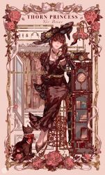  1girl absurdres antique_phone black_cat black_choker black_dress black_gloves black_hair black_hat black_shoes bow bowtie breasts cat chaoxibumian character_name choker clock closet clothes_hanger commentary dress falling_petals flower full_body gloves hair_between_eyes hat highres long_dress long_hair medium_breasts open_mouth petals red_bow red_bowtie red_eyes red_flower red_petals red_rose rose shoes sidelocks sitting smile spy_x_family sun_hat symbol-only_commentary talking_on_phone wide_brim yor_briar 