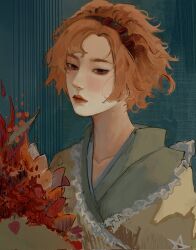  1other androgynous aqua_background asian black_hairband closed_mouth collarbone expressionless eyelashes flower frilled_jacket frills green_kimono hairband hatsburg highres jacket japanese_clothes kimono len'en lipstick looking_at_viewer makeup orange_hair other_focus petals print_jacket realistic red_eyes red_flower red_lips short_hair simple_background solo star_(symbol) star_print thick_eyebrows thick_lips upper_body yellow_jacket zuifeng_tenkai 