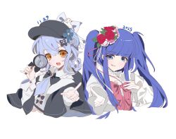  2girls :d black_capelet black_hat blue_eyes blue_hair blunt_bangs bow braid braided_hair_rings capelet chinese_commentary collared_shirt commentary_request crossover deerstalker detective flower furudo_erika hair_flower hair_ornament hair_rings hat highres holding holding_magnifying_glass long_hair long_sleeves looking_at_viewer magnifying_glass mahou_shoujo_no_majo_saiban multiple_girls necktie open_mouth pink_bow pointing pointing_at_viewer shirt short_hair simple_background smile tachibana_sherry trait_connection twintails umineko_no_naku_koro_ni upper_body white_background wo_de_xin_bing_meiyou_si yellow_eyes 