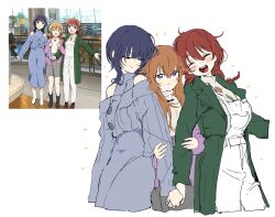  3girls absurdres arm_hug asaka_karin bananahaemeog bare_shoulders blue_dress blue_hair blush braid breasts brown_hair cardigan closed_eyes coat dress emma_verde freckles green_coat grey_skirt highres holding_hands konoe_kanata large_breasts long_hair love_live! love_live!_nijigasaki_high_school_idol_club low_twin_braids multiple_girls off_shoulder official_art_inset open_cardigan open_clothes open_coat overalls purple_cardigan reference_inset skirt sleeveless sleeveless_sweater standing sweater turtleneck turtleneck_sweater twin_braids violet_eyes white_overalls white_sweater 