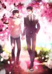  2boys black_hair black_necktie black_pants brown_shoes eye_contact flower formal gl_ztoh hand_holding hand_in_pocket looking_at_another multiple_boys necktie official_art outdoors pants petals shoes standing suit yaoi 