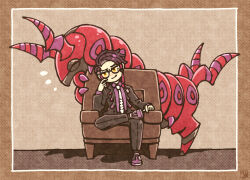  1boy antennae black_pants bug centipede chair corbeau_(pokemon) crossed_legs elbow_rest eyewear_strap full_body glasses leather_chair leg_up necktie on_chair pants parted_hair pokemon pokemon_(creature) pokemon_legends:_z-a purple_shirt round_eyewear scolipede shirt sikakuden_3 sitting smirk solo white_necktie 