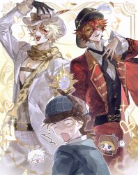  3boys absurdres animal_print black_gloves black_ribbon black_vest blank_eyes blonde_hair blue_jacket brown_hair chain chibi chibi_inset cowboy_hat dual_persona eli_clark eli_clark_(white) emma_woods emma_woods_(lady_truth) eye_mask eyewear_on_headwear fangs frilled_sleeves frills gloves gold_chain gold_trim half_eye_mask half_gloves hand_on_headwear hat hat_feather highres identity_v jacket jewelry leopard_print looking_at_viewer male_focus mask monocle multiple_boys naib_subedar naib_subedar_(mr._inference) neck_ribbon norton_campbell norton_campbell_(dazzling_lone_wolf) norton_campbell_(ronald_of_nice) official_alternate_costume one_eye_closed pants pectoral_cleavage pectorals pendant ponytail popped_collar red_eyes red_jacket red_mask red_pants ribbon scar scar_across_eye scar_on_face scarf shirt sunglasses sweat vest white_hat white_pants white_shirt yi_kuan_pp 