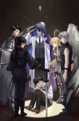  absurdres armor bandage_on_face bandages black_eyes black_hair black_necktie black_robe blonde_hair book cloak coat collared_shirt colored_tips curled_up everyone feathered_wings green_eyes halo halo_behind_head high_ponytail highres holding holding_shield holding_sword holding_weapon hood hood_up hooded_cloak hugging_object kim_dokja kim_namwoon lee_hyunsung lee_jihye long_hair long_sidelocks multicolored_hair multiple_scars necktie oldest_dream omniscient_reader's_viewpoint open_clothes open_coat planted planted_sword ponytail robe saihachi06 scar scar_across_eye scar_on_arm scar_on_face secretive_plotter shield shirt short_hair sidelocks sleeveless sleeveless_shirt spotlight standing starry_sky_print striped_clothes striped_vest surrounded sword uriel_(omniscient_reader's_viewpoint) very_long_hair vest weapon white_coat white_hair white_shirt white_wings wings yellow_vest yoo_joonghyuk 