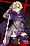  1girl armor black_legwear blonde_hair breasts cape capelet chains fate/grand_order fate_(series) headpiece highres jeanne_alter kneeling kneeling_on_one_leg ruler_(fate/apocrypha) sand_(redsunny924) short_hair smile solo sword thigh-highs thighs torn_clothes torn_thighhighs weapon yellow_eyes 