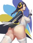  1girl absurdres ass black_hair breasts brown_eyes commentary_request emperor_penguin_(kemono_friends) from_behind hair_over_one_eye headphones highleg highres hood hoodie kemono_friends large_breasts leotard long_hair looking_at_viewer looking_back multicolored_hair open_clothes open_hoodie simple_background smile solo space_(uchuu) thigh-highs v white_legwear white_leotard 