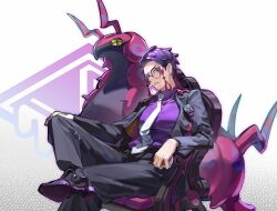 1boy antennae black-framed_eyewear black_hair black_jacket black_pants bug centipede chair collared_shirt colored_sclera corbeau_(pokemon) eyewear_strap glasses horns jacket lightyear253733 long_sleeves looking_at_viewer mega_stone necktie open_clothes open_jacket pants parted_hair parted_lips pokemon pokemon_(creature) pokemon_legends:_z-a purple_hair purple_shirt round_eyewear scolipede shirt short_hair short_sideburns sitting undercut white_necktie yellow_eyes yellow_sclera 