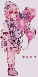  1girl alternate_costume bag balloon bandaid bandaid_on_knee bandaid_on_leg beanie boots character_name closed_mouth commentary_request dress expressionless full_body grey_hat grey_jacket handbag hat hat_ornament heart heart_balloon heart_hat_ornament highres holding holding_bag jacket komeiji_satori looking_at_viewer open_clothes open_jacket pink_dress pink_eyes pink_hair purple_boots shinjitsu_no_kuchi short_hair simple_background solo touhou white_background 