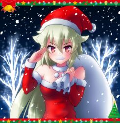  1girl arcana_heart arcana_heart_3 blush breasts carrying_over_shoulder christmas dress facial_hair fake_facial_hair fake_mustache fur-trimmed_dress fur-trimmed_headwear fur_trim hair_between_eyes hat holding holding_sack kasabou long_hair looking_at_viewer medium_breasts mustache red_eyes sack salute santa_costume santa_hat snowflake_background weiss_(arcana_heart) white_hair 