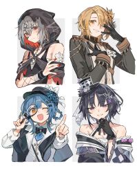  4girls absurdres bare_shoulders black_capelet black_gloves black_hair black_hat black_jacket blonde_hair blue_hair braid braided_hair_rings butterfly_hair_ornament capelet chinese_commentary colored_inner_hair commentary_request cropped_torso dopperu_ben epaulettes gloves grey_hair hair_ornament hair_rings hand_on_own_arm hand_on_own_chest hand_up hands_up hasumi_leia hat highres holding holding_magnifying_glass hood hood_up housho_margo jacket long_sleeves looking_at_viewer magnifying_glass mahou_shoujo_no_majo_saiban multicolored_hair multiple_girls nail_polish open_mouth parted_bangs pointing pointing_at_viewer red_eyes red_nails shito_alisa short_hair smile tachibana_sherry top_hat upper_body violet_eyes white_background x_hair_ornament yellow_eyes 