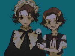  2boys alternate_costume aqua_background asoresu_i black_bow black_ribbon black_shirt black_vest bow bowtie brown_eyes cropped_vest doll_joints frilled_shirt_collar frills grin hair_bow hair_intakes hairband head_tilt highres identity_v joints lolita_hairband looking_at_viewer louis_(identity_v) male_focus matthias_czernin messy_hair multiple_boys neck_ribbon puppet raised_inner_eyebrows red_bow red_bowtie ribbon shirt side_part smile stitched_eye stitched_mouth stitches vest wavy_hair 