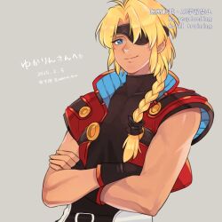  1boy 8warebw bartholomew_fatima black_gloves black_shirt blonde_hair blue_eyes braid closed_mouth cropped_vest crossed_arms dated eyepatch fingerless_gloves gloves grey_background hair_over_shoulder highres long_hair male_focus parted_bangs red_vest shirt single_braid sleeveless sleeveless_turtleneck smile solo turtleneck twitter_username vest watermark xenogears 