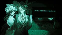  2girls :o black_ribbon bow collared_shirt dialogue_box dialogue_options dress eyewear_strap flower glasses gloves green_theme hair_over_one_eye hand_up hat hat_bow hat_feather hat_flower highres holding_hands isolde_(reverse:1999) jacket kakania_(reverse:1999) long_hair looking_at_viewer monochrome multiple_girls nats_(d0ughnats) night_vision no_i'm_not_a_human one_eye_covered open_mouth parody pov_peephole reverse:1999 ribbon semi-rimless_eyewear shirt under-rim_eyewear upper_body veil 