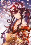  1girl :/ blue_background breasts brown_hair cherry_blossoms cleavage collarbone floral_print gradient gradient_background hair_between_eyes japanese_clothes kimono long_hair looking_at_viewer meshiuma_tarou obi original pointy_ears ponytail red_eyes sash solo tree_branch upper_body 