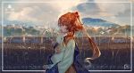  1girl animal bandanna border brown_hair building closed_mouth clouds cloudy_sky expressionless fori from_side goat holding holding_animal house licking long_sleeves mountain orange_eyes original outdoors profile short_hair signature sky sunlight traditional_clothes village wide_sleeves 