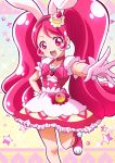 1girl :d animal_ears blush bow cake_hair_ornament choker cowboy_shot cure_whip dress earrings extra_ears food-themed_hair_ornament gloves hair_ornament hand_on_hip hanzou happy highres jewelry kirakira_precure_a_la_mode long_hair looking_at_viewer magical_girl open_mouth outstretched_hand pink_bow pink_choker pink_eyes pink_footwear pink_hair pom_pom_(clothes) pom_pom_earrings precure rabbit_ears shoes skirt smile solo standing standing_on_one_leg star_(symbol) twintails usami_ichika white_gloves
