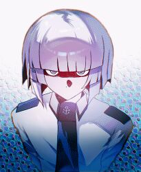  1boy abstract_background black_necktie blue_eyes chinese_commentary collared_shirt commentary_request from_above fukami_(funamusea) funamusea grey_hair highres horizontal_pupils long_sleeves male_focus necktie no_mouth oounabara_to_wadanohara rafag sanpaku shaded_face shirt short_hair solo upper_body white_shirt 