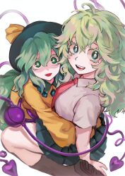  2girls :d absurdres ahoge alt_text black_hat black_shoes black_skirt black_socks blue_eyes breasts collared_shirt contrast_collar crossover double-parted_bangs frilled_shirt_collar frilled_sleeves frills green_eyes green_hair green_skirt hagakure_toru hair_between_eyes hat hat_ribbon highres himuhino hug komeiji_koishi large_breasts long_hair long_sleeves looking_at_viewer miniskirt multiple_girls necktie open_mouth photoshop_(medium) pleated_skirt red_necktie ribbon school_uniform shirt shoes sitting skirt smile socks third_eye touhou trait_connection wariza wavy_hair white_background yellow_ribbon yellow_shirt 