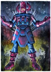  1boy armor blue_armor blue_leggings boots border fake_horns fantastic_four fer_yoshimiya full_body galactus gloves hashtag-only_commentary helmet highres horned_helmet horns leggings male_focus marvel multicolored_armor muscular muscular_male no_pupils pink_armor pink_boots pink_gloves pink_helmet solo traditional_media white_border 