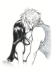  1boy 1girl bare_arms bare_shoulders black_hair black_sports_bra blonde_hair cloud_strife couple crop_top english_commentary final_fantasy final_fantasy_vii final_fantasy_vii_rebirth final_fantasy_vii_remake from_side hand_on_another's_neck kiss linono long_hair low-tied_long_hair ribbed_sweater short_hair sleeveless sleeveless_turtleneck spiky_hair sports_bra sweater tank_top tifa_lockhart traditional_media turtleneck turtleneck_sweater upper_body white_background white_tank_top 