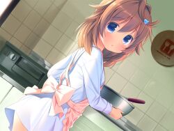 1girl apron blue_eyes blush brown_hair chishima_mako cooking_pot cowboy_shot dutch_angle game_cg hair_between_eyes hair_ornament heart heart_hair_ornament indoors kitchen long_sleeves looking_at_viewer medium_hair non-web_source parted_lips pink_apron piyodera_mucha shirt solo soushisouai_lolita_no_seikatsu tile_wall tiles variant_set white_shirt 