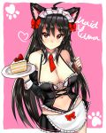  1girl animal_ears apron bangs bare_shoulders black_hair black_skirt blush bow breasts cake cat_ears character_request cleavage closed_mouth collarbone cowboy_shot detached_collar detached_sleeves food hair_bow heart highres holding holding_tray large_breasts lily_sia long_hair looking_at_viewer maid maid_headdress miniskirt navel necktie red_bow red_eyes red_necktie revealing_clothes sidelocks skirt smile solo soulworker tray very_long_hair waist_apron 