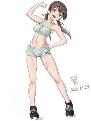  1girl biceps blush breasts brown_eyes brown_hair commentary_request crop_top gertrud_barkhorn hand_on_own_hip highres long_hair looking_at_viewer medium_breasts midriff muscular muscular_female naruchisukisuki navel open_mouth simple_background solo sports_bra standing strike_witches sweat tennis twintails watermark white_background world_witches_series 