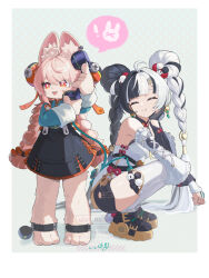  ! 2girls ahoge animal_ear_fluff animal_ears animal_feet bare_shoulders black_gloves black_hair black_shoes blue_background braid braided_twintails breasts bright_pupils china_dress chinese_clothes closed_eyes closed_mouth corded_phone criss-cross_straps detached_sleeves dialyn_(zenless_zone_zero) dotted_background double_bun dress earrings elbow_rest from_side full_body furry furry_female gloves green_shirt hair_bun hair_extensions hair_intakes hair_ornament hairclip head_rest highres holding holding_phone jewelry long_hair looking_to_the_side medallion multicolored_hair multiple_girls necktie open_mouth panda_hair_ornament partially_fingerless_gloves phone pink_fur pink_hair rabbit_ears rabbit_girl red_eyes ring_hair_extensions screw shirt shoes short_eyebrows shorts signature simple_background single_glove small_breasts smile split-color_hair spoken_animal spoken_exclamation_mark squatting talking_on_phone teeth thick_eyebrows thigh-highs twin_braids two-tone_hair uixy upper_teeth_only watermark white_hair white_pupils white_sleeves white_thighhighs wire yellow_necktie zenless_zone_zero zhao_(zenless_zone_zero) 