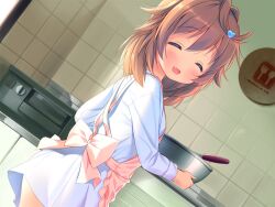  1girl :d ^_^ apron blush brown_hair chishima_mako closed_eyes cooking_pot cowboy_shot dutch_angle facing_viewer fang game_cg hair_between_eyes hair_ornament heart heart_hair_ornament indoors kitchen long_sleeves medium_hair non-web_source open_mouth pink_apron piyodera_mucha shirt smile solo soushisouai_lolita_no_seikatsu tile_wall tiles variant_set white_shirt 