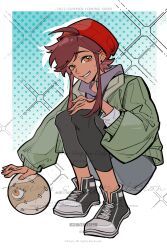  1girl abstract_background absurdres ball beanie black_shoes blue_shorts brown_hair dark-skinned_female dark_skin fiy1827565 full_body green_jacket hat highres jacket luz_noceda red_hat shoes short_hair shorts sidelocks sitting smile solo squatting teeth the_owl_house yellow_eyes 