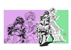  2boys coat full_body fuuto_tantei green_background green_theme helmet hidari_shoutarou highres holding holding_unworn_helmet jacket kabashima_yousuke kamen_rider kamen_rider_w male_focus motor_vehicle motorcycle multiple_boys philip_(kamen_rider) purple_background purple_theme standing unworn_headwear unworn_helmet upper_body white_background 