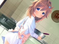  1girl apron blue_eyes blush brown_hair chishima_mako closed_mouth cooking_pot cowboy_shot dutch_angle game_cg hair_between_eyes hair_ornament heart heart_hair_ornament indoors kitchen long_sleeves looking_at_viewer medium_hair non-web_source pink_apron piyodera_mucha shirt smile solo soushisouai_lolita_no_seikatsu tile_wall tiles variant_set white_shirt 