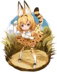  1girl animal_ears bent_over brown_eyes cat_ears cat_tail commentary_request elbow_gloves gloves highres kemono_friends light_brown_hair looking_at_viewer paw_pose polka_dot serval_(kemono_friends) serval_ears serval_print serval_tail short_hair solo tail thigh-highs yuu_(higashi_no_penguin) zettai_ryouiki 