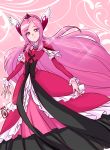  1girl 2015 adapted_costume arm_warmers black_bow bow closed_mouth cure_passion dated dress fresh_precure! frills hair_ornament heart_hair_ornament higashi_setsuna layered_dress long_hair looking_at_viewer maboroshineko magical_girl pink_background pink_eyes pink_hair precure red_dress signature smile solo tiara white_choker 