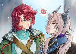  2girls blue_eyes blue_jacket blue_shirt closed_mouth coat crossed_belts dog eye_contact face-to-face green_coat grey_eyes grey_hair hair_ornament highres imagining jacket long_hair looking_at_another low_ponytail marsha_(reverse:1999) military_uniform multiple_girls mummeemeemama ponytail profile red_hair reverse:1999 sentinel_(reverse:1999) shirt short_hair smile speech_bubble thought_bubble upper_body 