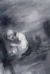  1boy 1girl blood blood_on_clothes blood_on_face commentary_request gintama grave greyscale highres hug japanese_clothes kimono long_sleeves lushu_kuye male_focus messy_hair monochrome otose popped_collar rain sakata_gintoki spot_color tombstone 