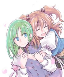  2girls arm_garter blue_eyes blue_vest closed_eyes green_hair hair_bobbles hair_ornament hug juliet_sleeves kitsune_maru long_sleeves multiple_girls obi onozuka_komachi open_mouth puffy_short_sleeves puffy_sleeves redhead sash shiki_eiki short_sleeves smile touhou turtleneck twintails two_side_up vest white_background yuri 