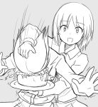  2girls :d cake commentary_request empty_eyes eyebrows_visible_through_hair food girls_und_panzer grey_background greyscale head_grab itsumi_erika jacket kitayama_miuki looking_at_viewer monochrome motion_lines multiple_girls nishizumi_miho open_mouth outstretched_arms plate short_hair simple_background smile trembling upper_body wing_collar 
