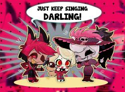  1boy 2girls :d ;d alastor_(hazbin_hotel) animal_ears antlers belt biantaishi1 black_belt black_bow black_bowtie black_hair black_lips black_pants black_shoes black_skirt blonde_hair bob_cut bow bowtie charlie_morningstar circle_facial_mark coat colored_sclera colored_skin colored_teeth colored_tips commentary dark-skinned_male dark_skin deer_antlers deer_boy deer_ears dot_nose english_commentary english_text eyeshadow full_body grey_skin grin halftone halftone_background hand_on_own_cheek hand_on_own_face hand_on_own_hip hands_up hat hat_feather hat_ornament hazbin_hotel heart heart_hat_ornament hellaverse highres hollow_eyes horns jacket large_hat layered_sleeves long_hair long_skirt long_sleeves looking_at_another low-tied_long_hair makeup monocle multicolored_hair multiple_girls one_eye_closed open_clothes open_jacket open_mouth outline pants pink_eyeshadow puffy_long_sleeves puffy_sleeves purple_jacket purple_skirt red_background red_coat red_eyes red_eyeshadow red_hair red_hat red_jacket red_pants red_sclera red_shirt red_skirt rosie_(hazbin_hotel) sharp_teeth shirt shoes short-sleeved_jacket short_hair short_over_long_sleeves short_sleeves simple_background skirt skull_hat_ornament smile sparkle_background speech_bubble standing striped_clothes striped_coat striped_skirt suit teeth traditional_bowtie two-tone_hair vertical-striped_coat very_long_hair white_hair white_shoes white_skin yellow_outline yellow_sclera yellow_teeth 