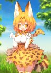  1girl animal_ears bare_shoulders blonde_hair blush bow bowtie breasts cat_ears cat_tail elbow_gloves gloves grass hands_up highres kemono_friends mamuru medium_breasts open_mouth serval_(kemono_friends) serval_ears serval_print serval_tail short_hair skirt sky sleeveless smile solo tail thigh-highs 