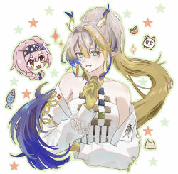  1girl :d alternate_hairstyle aqua_eyes arknights bare_shoulders beads blonde_hair blue_hair chibi chibi_inset colored_extremities commentary cropped_torso dragon_bubble_(arknights) dragon_girl dragon_horns earrings finger_to_cheek goldenglow_(arknights) green_outline grey_hair grin hair_between_eyes hair_intakes highres horns jacket jewelry krgk_sc2 long_hair long_sleeves looking_at_viewer multicolored_hair necklace off_shoulder outline pointy_ears ponytail seigaiha shu_(arknights) smile solo sparkle star_(symbol) star_symbol_background strapless tube_top white_background white_jacket white_tube_top 